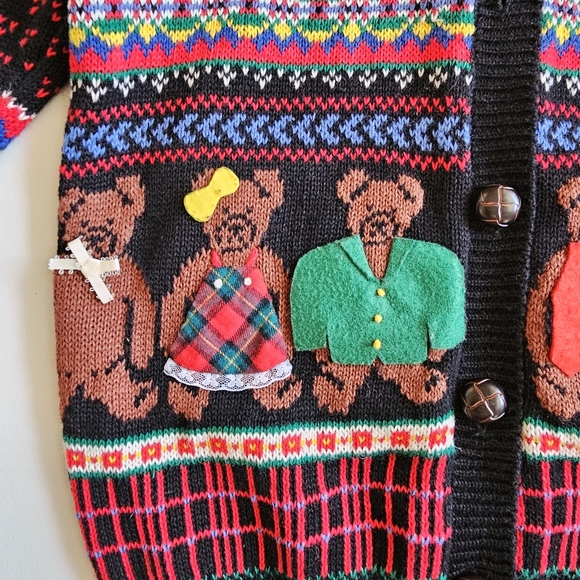 Vintage 1992 Susan Bristol Hand Knit Bear Pattern Colorful Cardigan Sweater Sz S - Picture 6 of 15